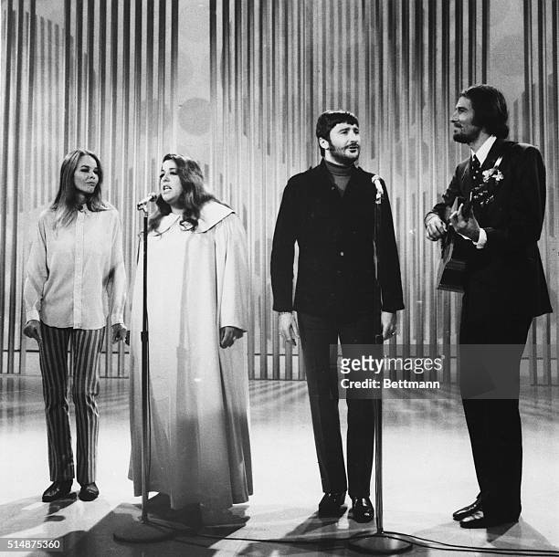 "The Mamas and the Papas", folk rock group, during their guest appearance on the "Ed Sullivan Show" TV Program. From left to right, Michelle...
