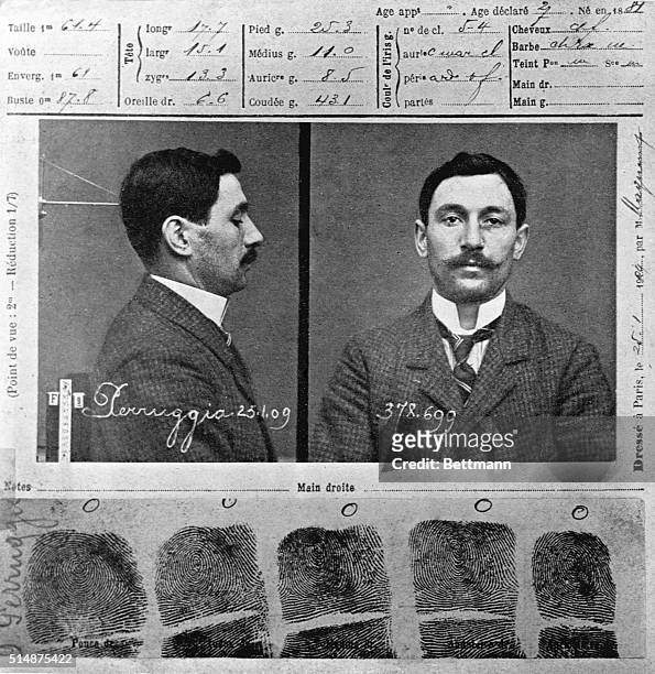 Mug shot of Vincenzo Perugia, the Italian man who stole the Mona Lisa out of the Louvre Museum in Paris. Perugia claimed he completed the act out of...