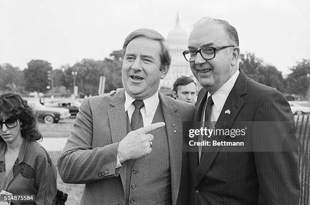 Senator Jesse Helms and Reverend Jerry Falwell attend a small ceremony to support School Prayer Day. | Location: Capitol Mall, Washington, D.C., USA.