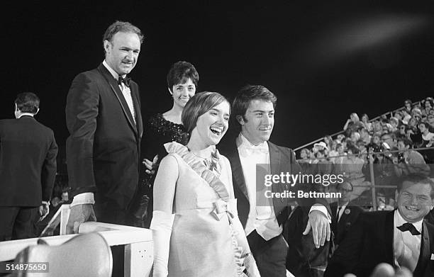 Dustin Hoffman and Gene Hackman at the 1968 Academy Awards, where Hoffman was nominated for Best Actor in The Graduate and Hackman was nominated for...