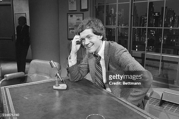 David Letterman smiles as he hosts the premiere of his talk show on NBC television, "Late Night With David Letterman" in the NBC studios in New York...