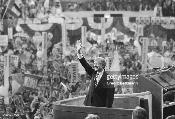 President Jimmy Carter accepts the Democratic nomination for president at the 1980 convention, New York, New York, August 14, 1980