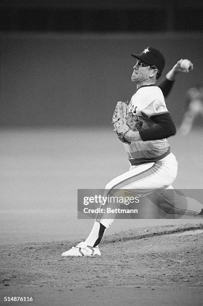 Houston Astros' pitcher Nolan Ryan pitches the baseball on his way to pitching a one-hitter to beat the San Francisco Giant at the Astrodome. The win...