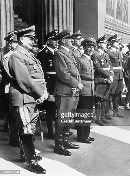 Hermann Goering, Adolph Hitler, Joseph Goebbels and Hienrich Himmler stand in the front rank of Nazi officials at a ceremony just prior to Hitler's...