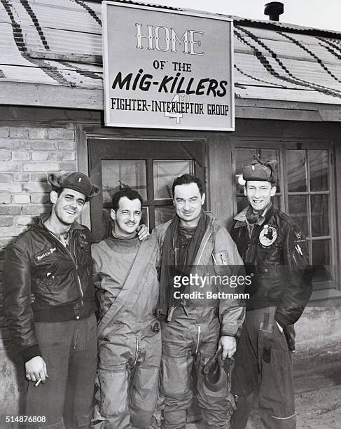 Korea: Fifth Air Force. Left to right: 2nd Lt. Donald H. Hooten, of Dallas, Texas; Captain Manuel J. Fernandez, Jr., of Miami; Lt. Col. Richard L....