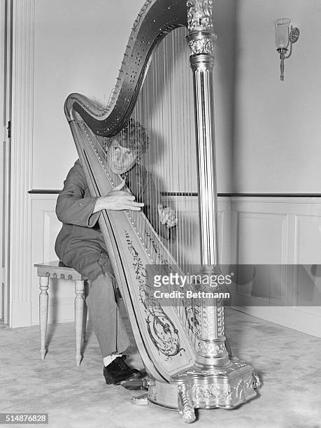 Harpo Marx caresses his $12,000 harp, a far cry from the $40 model on which he first practised, which was held together with baling wire. Harpo...