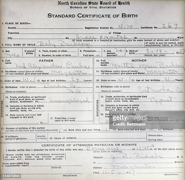 Morganton, N.C.: The birth certificate of Baby Barkley, two month old child of Martha Barkley Ryan, bride of Basil Ryan. The certificate names Ned...