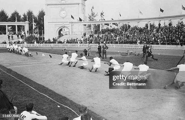 England team beats USA team in tug of war, during the 1920 Summer Olympics, Antwerp, Belgium. This was the last Olympics with tug of war as an event....