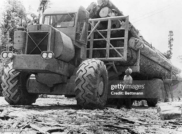 Longview, TX: The man looking up at a truck load of logs is dwarfed by the immense size of the vehicle, a new lodging transporter designed for travel...