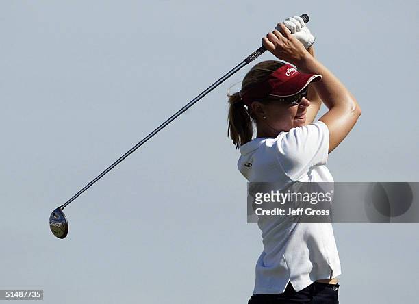 Annika Sorenstam of Sweden hits a tee shot on the 14th hole during the third round of the LPGA Samsung World Championships on October 16, 2004 at the...