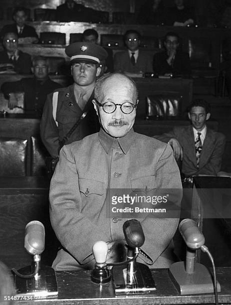 Tokyo: Hideki Tojo, Japan's wartime Premier, testifying at International War Crimes Tribunal.