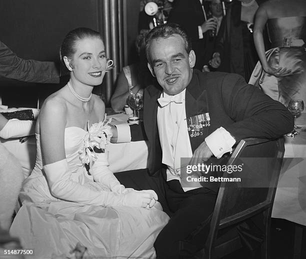 Screen actress Grace Kelly and her husband-to-be Prince Rainier III of Monaco in the Grand Ballroom of the Waldorf-Astoria tonight during the...