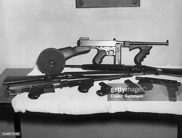 Collection of the weapons used at various times by John Dillinger. Undated photograph.