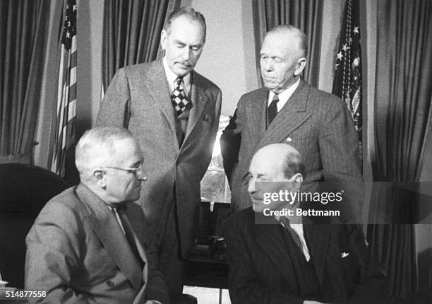 Washington, DC-President Truman meeting with British Prime minister Clement Attlee. Secy. Of State Dean Acheson and General George Marshall in...