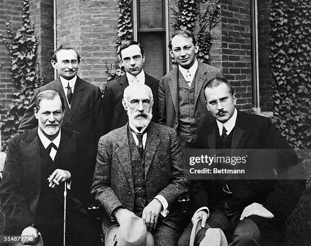 Group photograph of A.A. Brill, Ernest Jones, Sandor Ferenczi, Sigmund Freud, G. Stanley Hall, Carl G. Jung at Clark University, Worcester, MA, in...