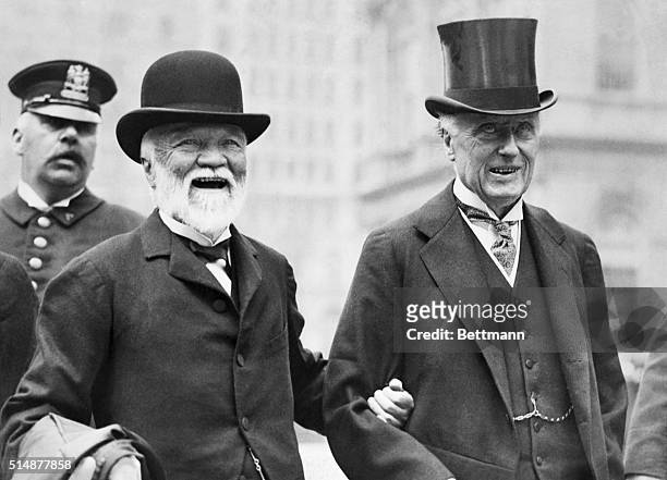 New York, NY: Andrew Carnegie: industrialist and humnitarian. Photo showing him leaving the Peace meeting in New York City Hall with Lord Weardale .