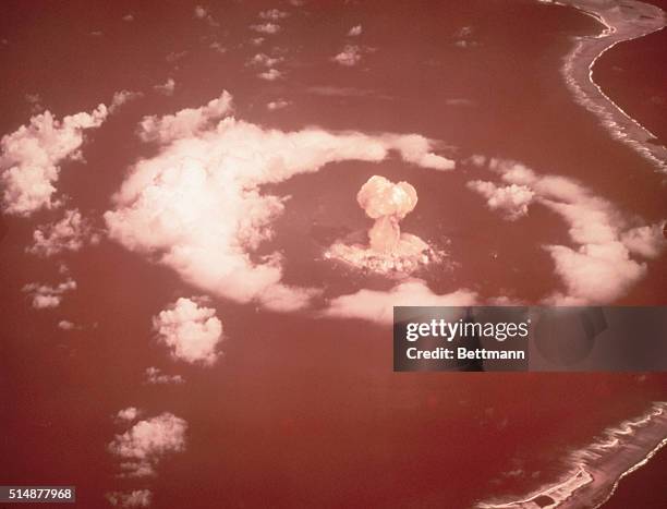 The mushroom cloud of the Able test of Operation CROSSROADS, only the fourth atomic explosion in history. The test was held in the lagoon of Bikini...