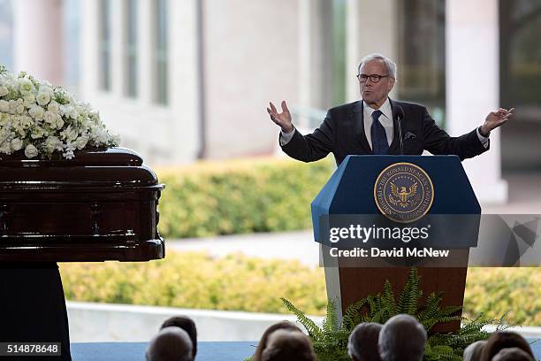 Journalist Tom Brokaw speaks during funeral and burial services for former first lady Nancy Reagan at the Ronald Reagan Presidential Library on March...