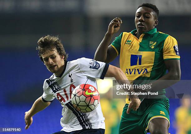 Filip Lesniak of Tottenham Hotspur and Benny Ashley-Seal of Norwich City compete for the ball during the Barclays U21 Premier League match between...