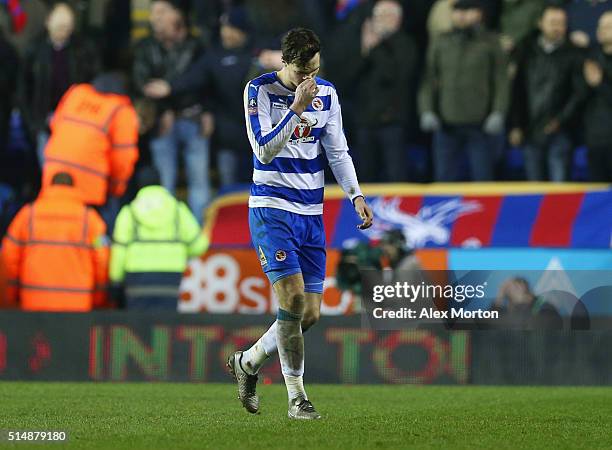 Jake Cooper of Reading looks dejected as he is sent off during the Emirates FA Cup sixth round match between Reading and Crystal Palace at Madejski...