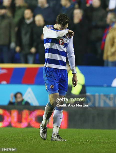 Jake Cooper of Reading looks dejected as he is sent off during the Emirates FA Cup sixth round match between Reading and Crystal Palace at Madejski...