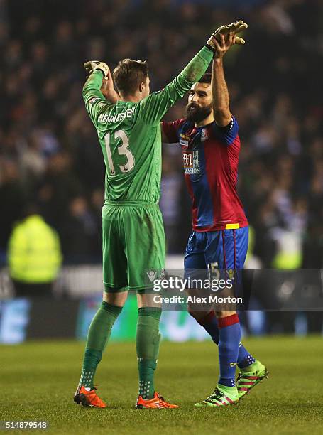 Wayne Hennessey and Mile Jedinak of Crystal Palace celebrate as Fraizer Campbell of Crystal Palace scores their second goal during the Emirates FA...