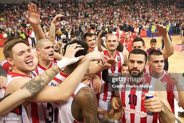 Vladimir Stimac, #51, Maik Zirbes, #33, Marko Simonovic, #19, Branko Lazic, #10 and Nikola Rebic, #4 of Crvena Zvezda Telekom Belgrade celebrate...