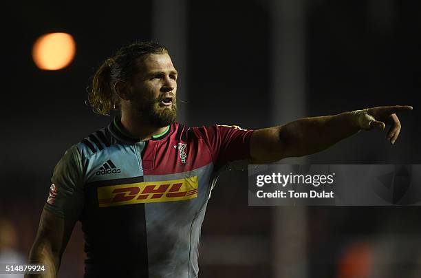 Luke Wallace of Harlequins looks on during the Aviva Premiership match between Harlequins and Bath at Twickenham Stoop on March 11, 2016 in London,...