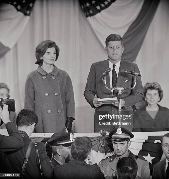 Victorious John F. Kennedy delivers his acceptance speech after the presidential election on November 9, 1960. His wife Jackie stands at his side at...