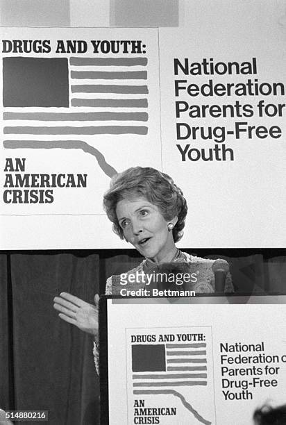 First Lady Nancy Reagan addresses the audience of a conference f the National Federation of Parents for Drug-Free Youth.