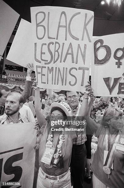 Gwenn Craig, of San Francisco, CA, holds aloft a poster reading 'Black Lesbian Feminist' during final session of Democratic Convention, New York, US,...