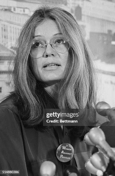 Gloria Steinem at a press conference joins civil rights groups, unions and women's group in denouncing Ronald Reagan and the Republican Party...