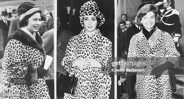 Queen Elizabeth, Elizabeth Taylor, and Jacqueline Kennedy all wear leopard-skin coats in this composite.