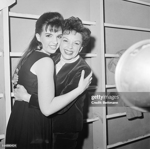 Judy Garland hugs daughter Liza Minnelli on the second night of Minnelli's performance in "Best Foot Forward". Minnelli was 17 at the time.