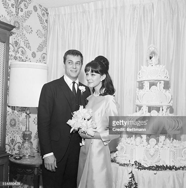Las Vegas, NV: Actor Tony Curtis poses with his new bride, German actress Christine Kaufmann following their wedding at the Hotel Riviera in Las...