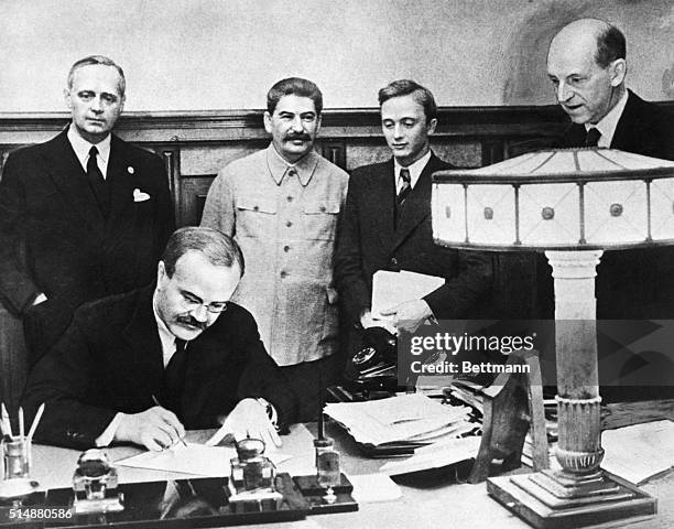 Signing of German Soviet treaty of friendship and determination of the frontier between the USSR and Germany on 9/28/1939. Shown are: M. Molotov...