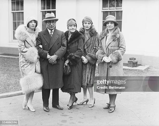 Edith Mayer, Louis B Meyer, Mrs Louis Mayer , Miss Irene Mayer and Assistant Attorney General Mabel Walker Willebrandt standing outside the White...