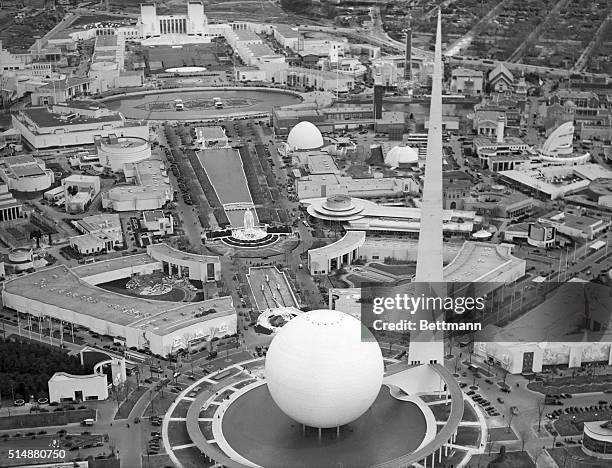 New York, NY: AERIAL-WORLD'S FAIR. Aerial view of the world of tomorrow as it appeared today on the eve of the opening. Seen in the photo are the...