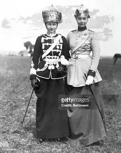 Austria: The crown Princess Cecile, Colonel of the King Ferdinand III Dragoons and Princess Victoria Louise, Colonel of the Death's Head Hussars in...