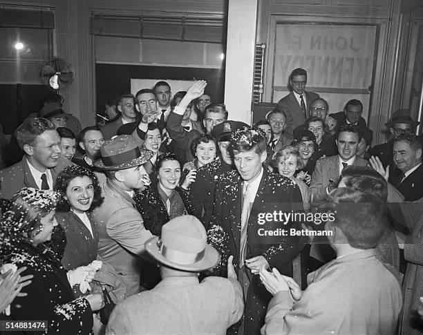 Boston, Massachusetts: Democratic candidate John F. Kennedy arrives at his Boston campaign headquarters in a rain of confetti. He defeated Republican...