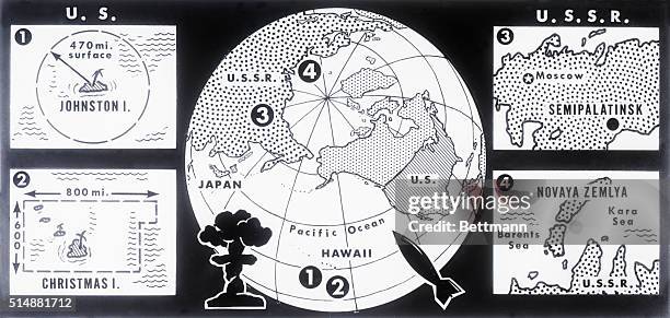 Soviet Test Pattern News charts show the sites of a series of 1962 nuclear tests by the ...