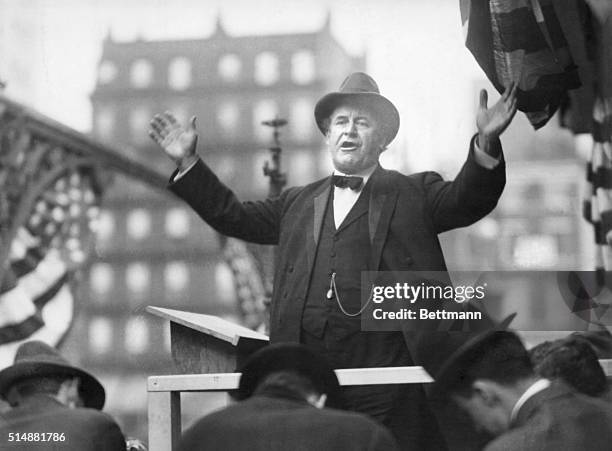 William Jennings Bryan; Democratic Presidential nominee, well-known for his eloquent political oratory, delivering a campaign speech. Photograph, ca....