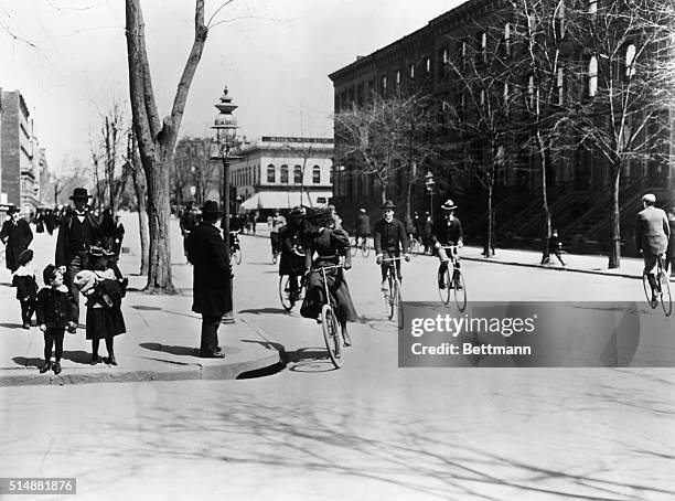 Bicycling on Fifth Avenue. North From 124th Street, 1897. Photograph.