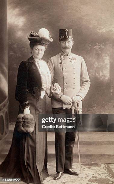 Franz Ferdinand Archduke of Austria with his wife, Countess Choleck. Both were assassinated at Sarajevo in August 1914. Photograph, standing full...