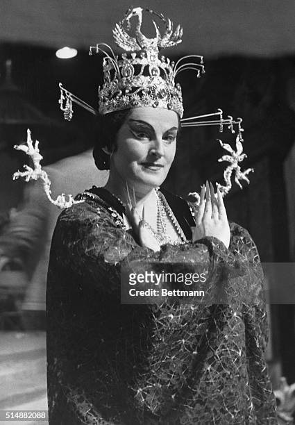 Milan, Italy: Swedish soprano Brigit Nilsson costumed in her role in "Turandot" at La Sacala Opera House Milan. Composed by Giacomo Puccini.