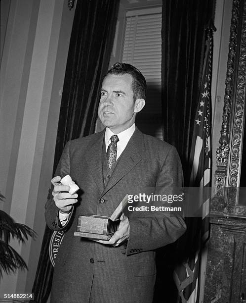 Washington, DC: Vice Prsident Richard M. Nixon holds the gavel he used to call the Senate to order as the 85th Congress convened today. The Vice...