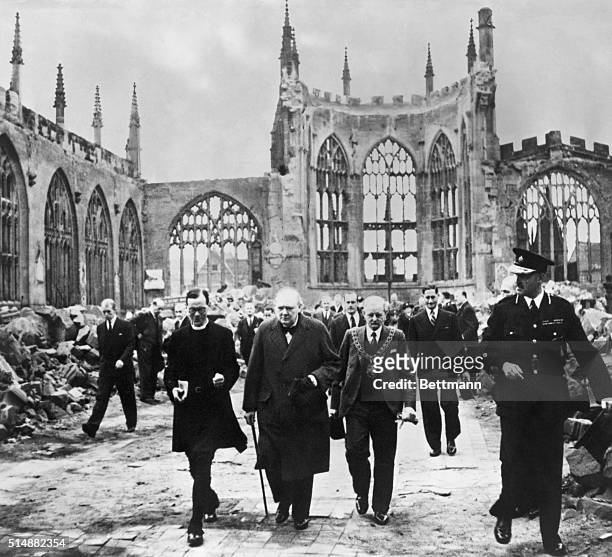 Winston Churchill visiting Coventry Cathedral after the blitz.