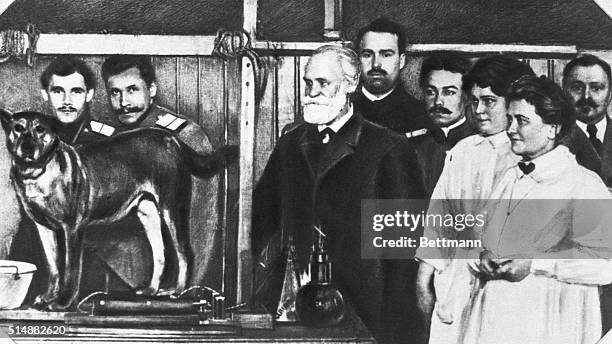 Ivan Pavlov and his staff demonstrating condition reflex phenomenon with a dog.