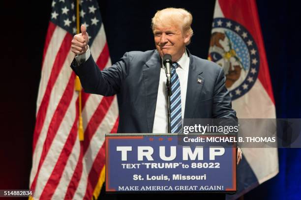 Republican Presidential candidate Donald Trump speaks to supporters during a rally the Peabody Opera House on March 11, 2016 in St. Louis, Missouri.