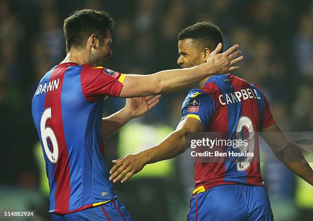 Fraizer Campbell of Crystal Palace celebrates with Scott Dann as he scores their second goal during the Emirates FA Cup sixth round match between...